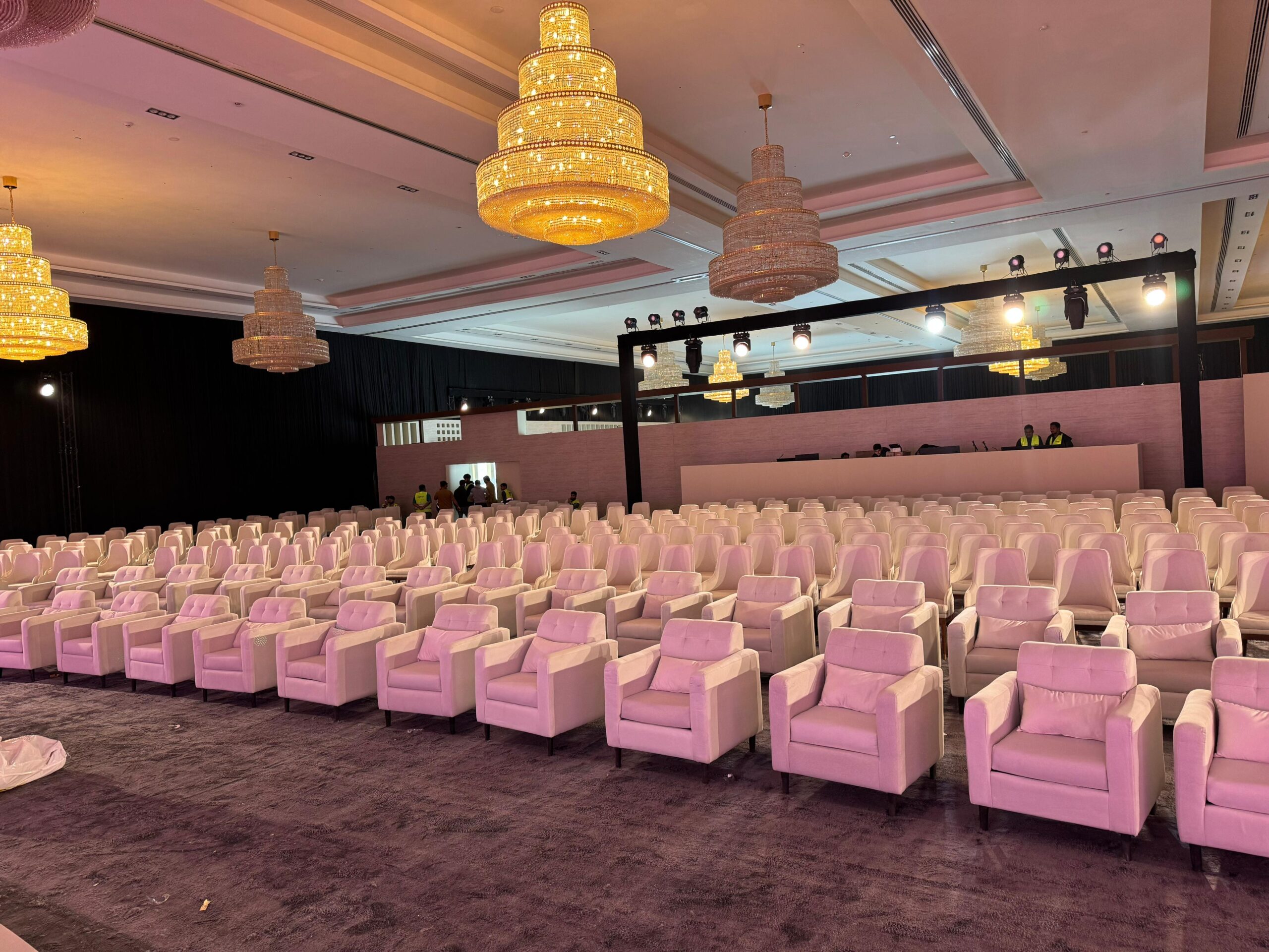 Event lounge setup with sofas and tables